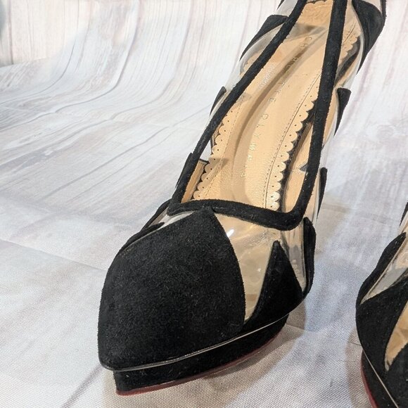Charlotte Olympia Black Suede & PVC Dolly Heels Size 36 - Picture 11 of 12
